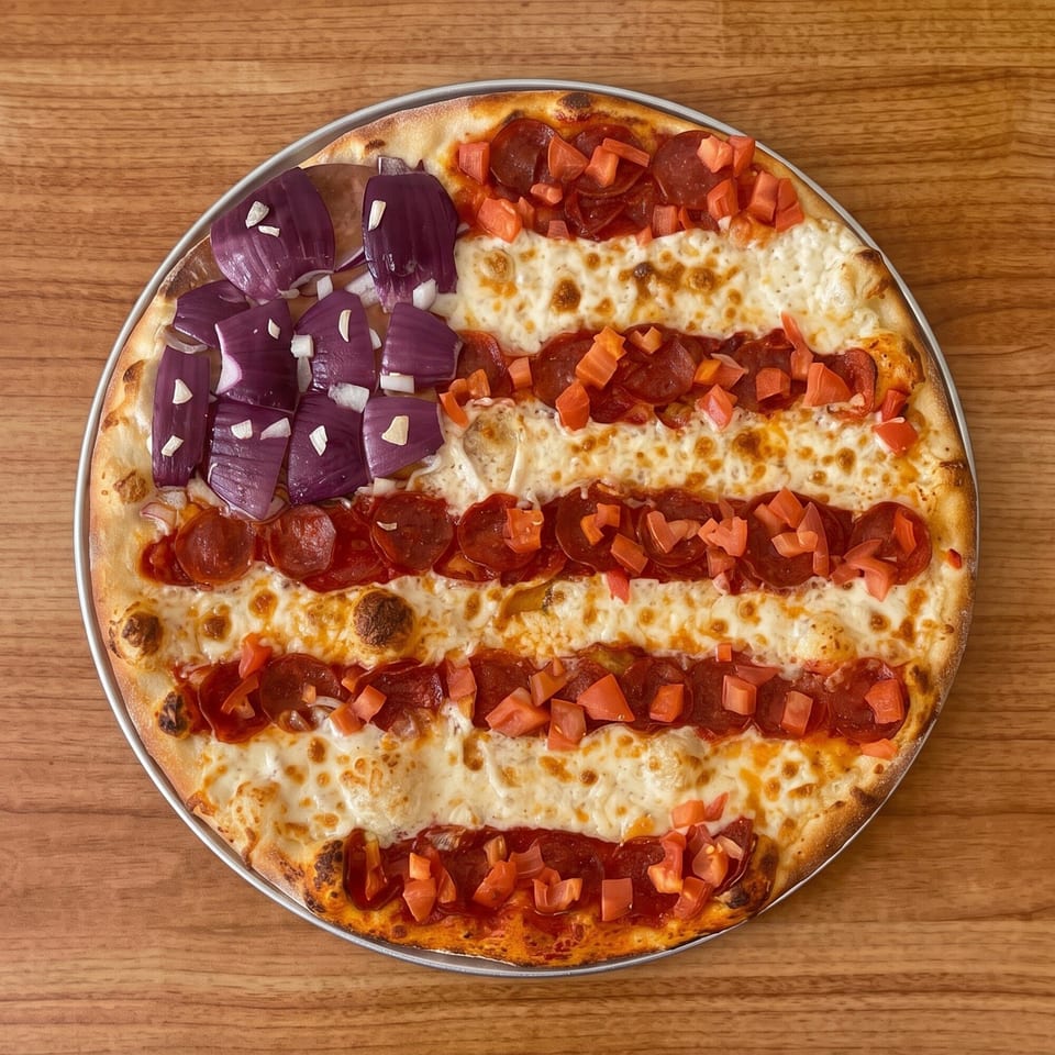 A pizza decorated like an American flag with red onions, pepperoni, and diced tomatoes on a wooden table.