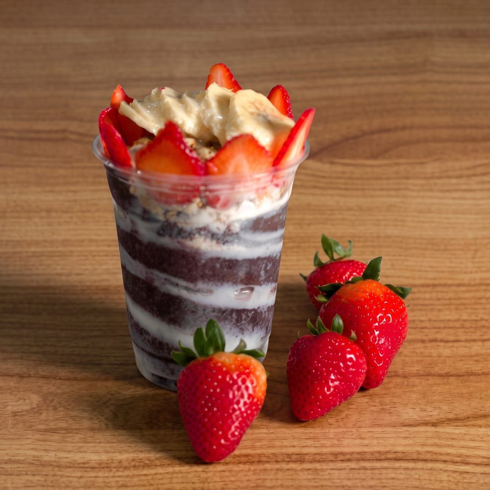 Açaí bowl with banana, strawberries, and granola in a clear cup on a wooden table.