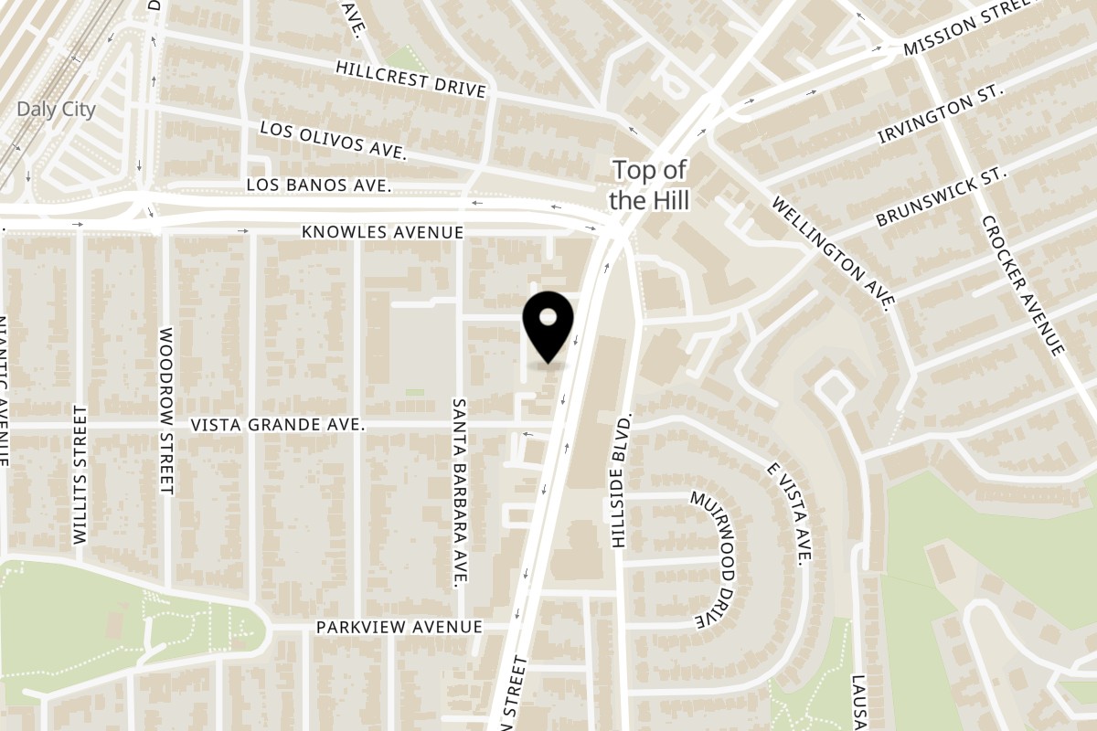 Map showing the location of Kings West Coast Pizzeria on 6540 Mission St in Daly City